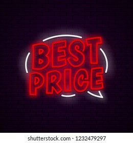 Best price banner. Comic book style.Speech bubble, pop art. Light, bright neon banner at brick wall. Vector, isolated, eps 10.