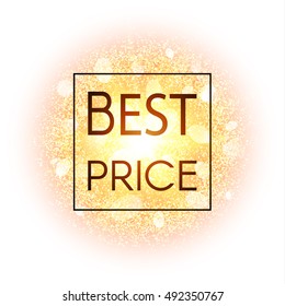 Best price banner on abstract explosion background with gold glittering elements. Burst of glowing star. Dust firework light effect with glow. Sparkles splash powder backdrop. Vector illustration.