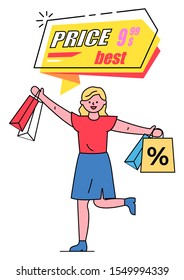 Best price banner vector, isolated shopper with bags. Happy female client with bags in hands, lady buying items with discounts using coupons. Shopping with special offers from shops and stores