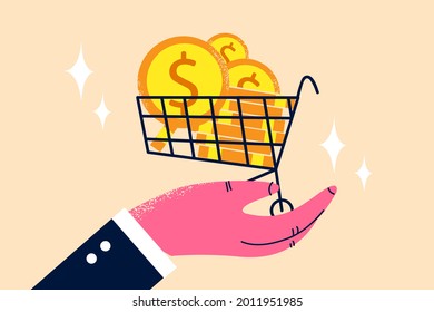 Best price, Bargain business deal concept. Human hand holding shopping cart with golden coins inside stock for investor or consumer and marketing vector illustration