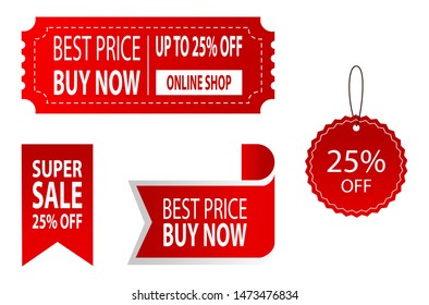 Best Price Buy Now Red Discount sticker collection. Shopping tags line icon. Special offer sign. Discount coupons symbol. Discount tags Vector.	