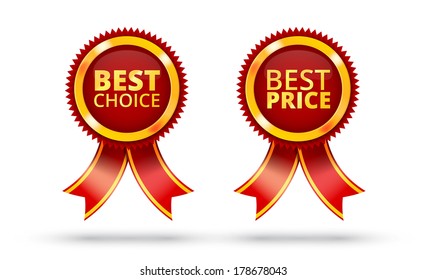 Best Price and Best Choice Red Label. Award Ribbon on isolated white