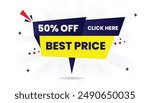 Best price click here 50% off banner template design with white background, blue and yellow shapes perfect vector art for sales and promotions