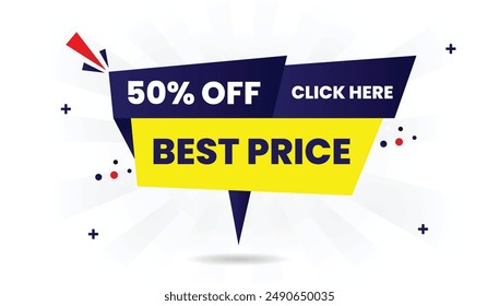 Best price click here 50% off banner template design with white background, blue and yellow shapes perfect vector art for sales and promotions