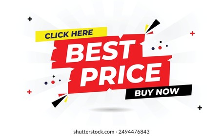 Best price click here buy now banner with white background, dark black, shiny red, and light yellow shapes, ideal for eye catching promotions and sales. banner, promotion, discount, button, sale