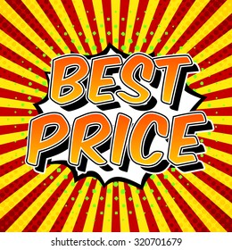 Best price comics style illustration on striped background with sunburst and green dots. Best price banner web. Best price guarantee. Web banner for sales season.