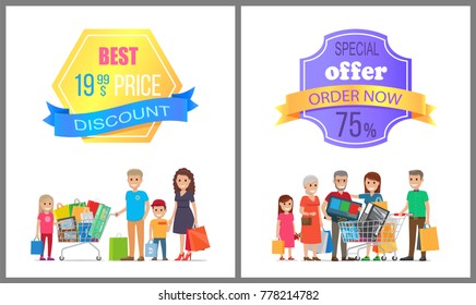 Best price discount special offer order now 75 % off promo label on poster with people making purchases, big family on shopping vector illustration