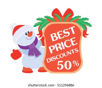 Best price discounts 50. Snowman with sale offer poster. Sticker for winter holidays discounts. Flat design. Big sale, special offer, best price, total sale, best deal today. Vector illustration