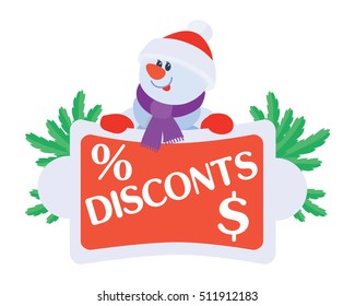 Best price discounts . Snowman with sale offer poster. Sticker for winter holidays discounts. Flat design. Big sale, special offer, best price, total sale, best deal today. Vector illustration