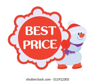 Best price discounts . Snowman with sale offer poster. Sticker for winter holidays discounts. Flat design. Big sale, special offer, best price, total sale, best deal today. Vector illustration