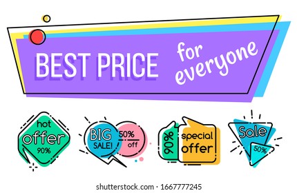 Best price for everyone, hot offer 90 percent off, frames in memphis style. Vector big sale, 50 percent half price off, best offer isolated tag. Geometric shapes, badges in creative design promo price