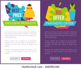 Best price exclusive products big fantastic offer women summer collection of dresses sale, vector illustration of stylish clothes on web online posters