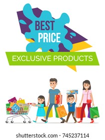 Best price exclusive products poster representing family carrying bags and little girl pulling cart vector illustration isolated on white