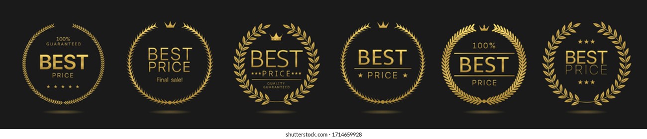 Best price Golden Laurel wreath label badge set isolated. Promo golden signs. Vector illustration