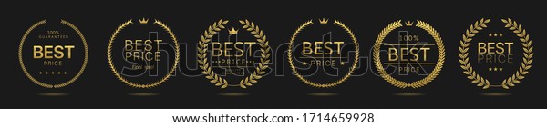 Best price Golden Laurel\
wreath label badge set isolated. Promo golden signs. Vector\
illustration