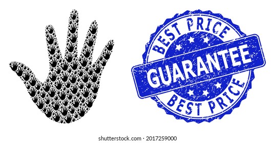 Best Price Guarantee dirty round stamp seal and vector fractal mosaic hand. Blue stamp seal includes Best Price Guarantee tag inside circle shape. Vector mosaic is composed with repeating hand items.