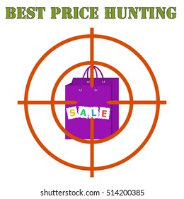 Best price hunting banner. Sales bag at gunpoint on the white background. Flat style vector illustration