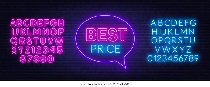 Best price neon sign on brick wall background.