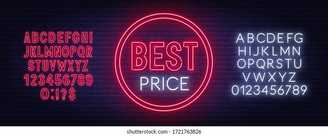 Best price neon sign on brick wall background.