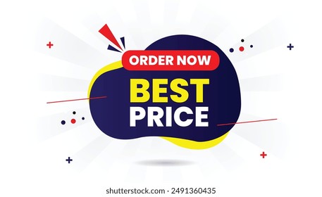 Best price order now banner template design featuring a white background with blue and yellow shapes, perfect vector art for online promotions and sales banners discount, banner, business, sale