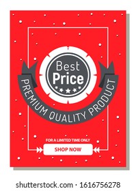 Best price premium quality product web poster with button shop now limited time only. Vector illustration landing webpage, red cover design with snow elements. Creative online page five stars award