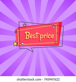 Best price proposition banner in square speech bubble with stars and snowball, vector on red backdrop isolated on purple rays. Special offer in store