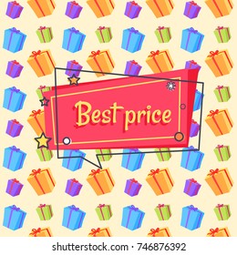 Best price proposition banner in square speech bubble with stars and snowball seamless pattern with presents gift boxes vector illustration