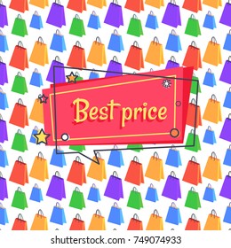 Best price proposition banner in square speech bubble with stars and snowball, vector seamless pattern with shopping color bags, sale wrapping paper