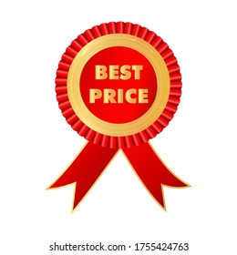 Best price red label with stars and ribbons. Round sticker icon for shopping. Stock vector illustration isolated on white background.