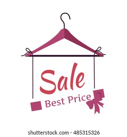 Best price sale banner. Fashionable clothes. Labels background, end-of-season, discount tags. Empty hanger isolated with sign. Wooden coat. Clearance concept. Vector