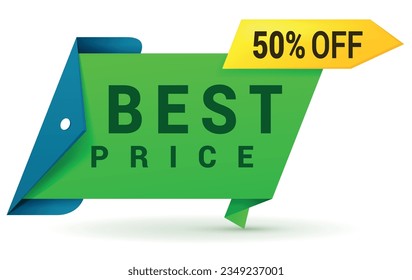 Best price sale discount abstract ribbon flag with pocket icon realistic vector illustration. Shopping retail label marketing campaign special offer seasonal clearance purchase Black Friday guarantee