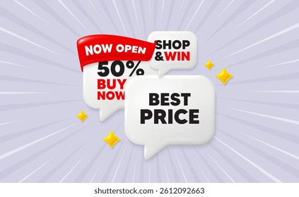 Best price speech bubbles. Now open flag ribbon. Best Price tag. Special offer Sale sign. Advertising Discounts symbol. Discount chat bubbles with 3d sparkles. Vector