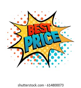 Best price star bubble comic style vector illustration. Cartoon yellow star, isolated on white background. Tag icons with dot, pop art style