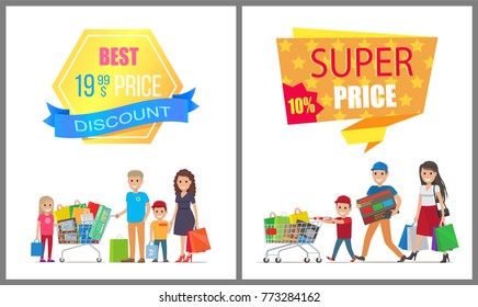 Best price super discount vector illustrations with smiling and happy females with lot of new purchases in wheelbarrow and hands, advertising text