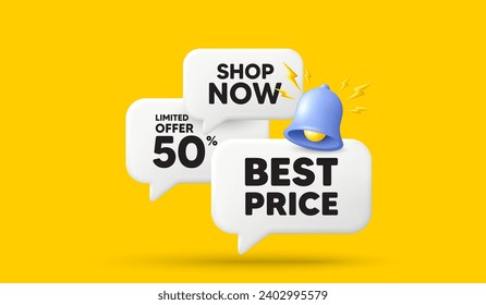 Best Price tag. 3d offer chat speech bubbles. Special offer Sale sign. Advertising Discounts symbol. Best price speech bubble 3d message. Talk box banner with bell. Vector