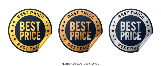 Beste Preis-Vektorgrafik-Abzeichen mit Umschlag. Luxuriöses schwarzes Gold, Bronze, Silberetiketten. Für Symbol, Logo, Zeichen, Siegel, Symbol, Stempel, Aufkleber. Vektorgrafik