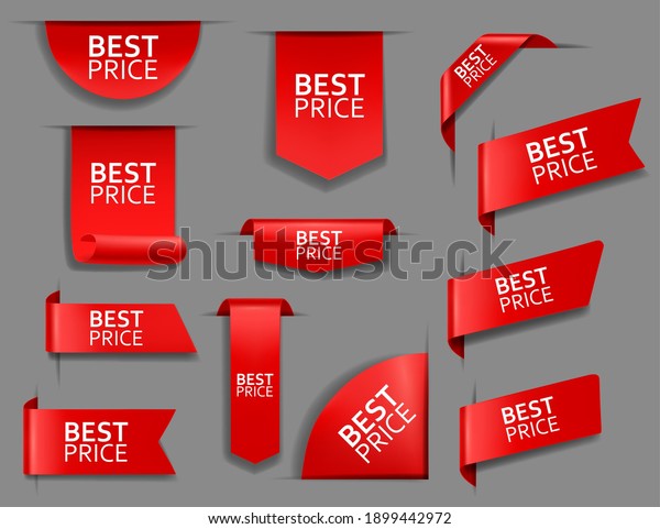 Best price web tag, banner and corners. Sale\
promotion, shopping discounts offer or store goods price tags\
templates. Red ribbons, glossy fabric bookmarks, stickers for web\
page 3d realistic vector