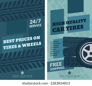 best prices on wheels, high quality car tires with free shipping for clients. Promotional banner for clients of automobile maintenance center. Service and help with transport. Vector in flat style