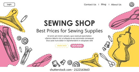 Best prices for supplies and cloth in sewing shop, store with materials, mannequin and pins, buttons and scissors. Tailoring or atelier, monochrome sketch website banner. Vector in flat style