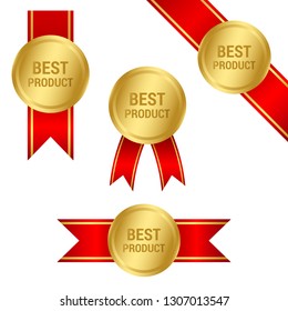 Best Product №1 high quality gold medal badges with red ribbons set, champion, winner, award vector EPS 10