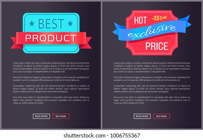 Best product hot exclusive price web poster with push buttons read more and buy now. Vector illustration advertisement banner with info about discount