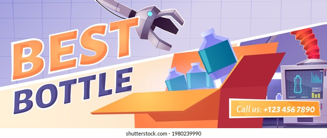 Best product quality cartoon ad poster. Factory conveyor belt with water bottles and robotic arms pour aqua in plastic containers at transporter production line. Manufacture, automation, vector promo