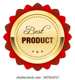 Best product seal or icon. Glossy golden seal or button with stars and red color.