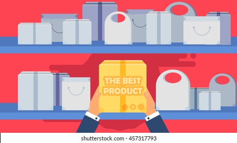 The Best Product in Shop Concept from Shopping Bags, Boxes and Packages. Sale Banner. Shelves store with offer for print, flyer, sticker, poster. Vector