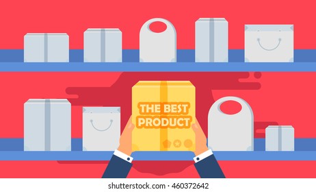 The Best Product in Shop Concept from Shopping Bags, Boxes and Packages. Sale Banner. Shelves store with offer for print, flyer, sticker, poster. Vector