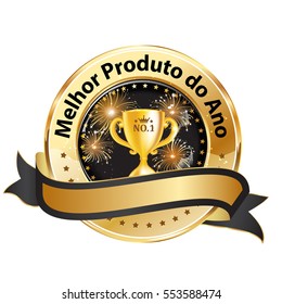 The best product of the year - Portuguese language (Melhor Produto do Ano) - award ribbon with Champions cup and fireworks