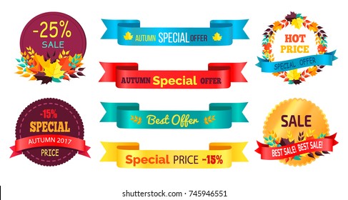Best products sale labels set with text, percent signs and discounts written on arrow ribbons and round sticker in autumn fall concepts vector