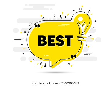 Mejor texto de promoción. Antecedentes de burbuja de chats de idea amarilla. Oferta especial Cartel de venta. Símbolo de descuentos publicitarios. La mejor bombilla luminosa de mensajes de chat. Fondo de la lámpara de luz ideal. Vector