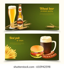 Best pub with premium quality light and dark beer on green background horizontal realistic banners isolated vector illustration