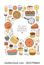 Die besten Kürbis-Desserts. Vektorset mit handgezeichneten Elementen. Essensgrafik. 